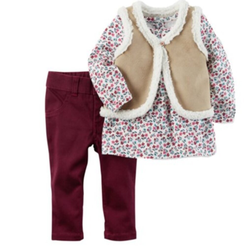 NWT Carter's Baby Girls 3-PC Sherpa Vest Set Floral L/S Dress Pant Outfi…
